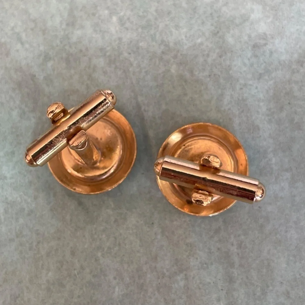 VTG Cuff Links Rose Gold Coloring Black Center with Clear‎ Stone Chip Middle